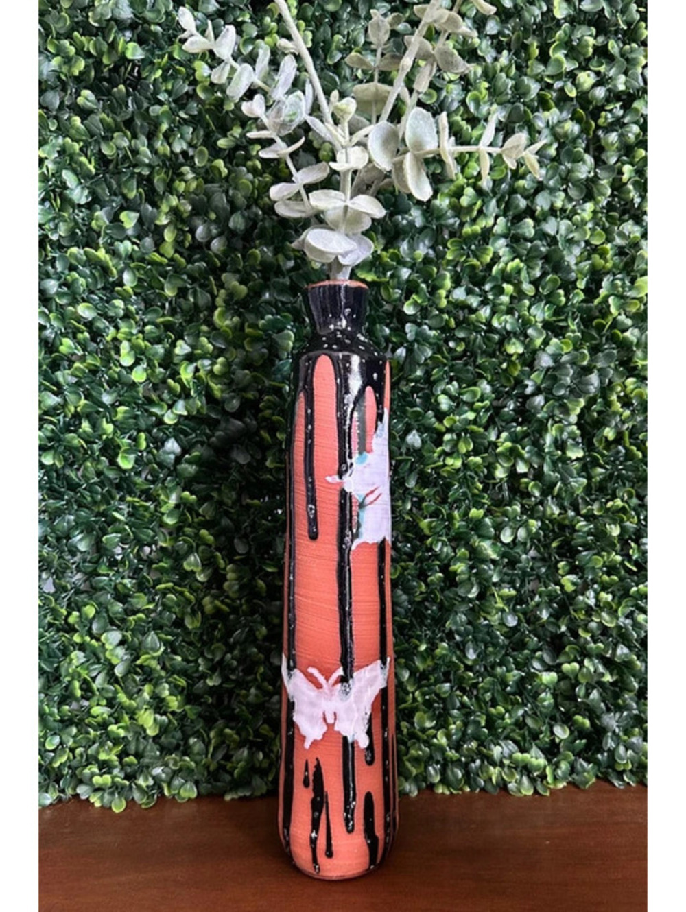 Vintage Terracotta Ceramic Butterfly Vase Black Drip Glaze